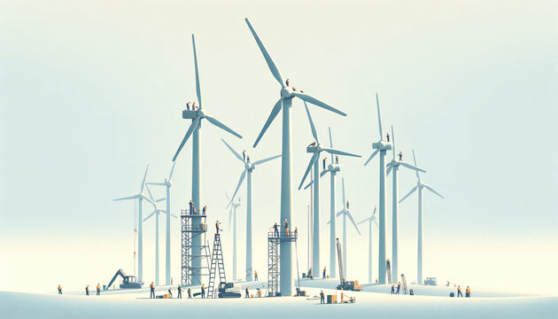 A Minimalistic Illustration of Small Engineers Installing and Testing Wind Turbines. Generative AI. 4K Wallpaper
