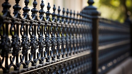 Show the fine details of a patterned wrought iron fence in an urban setting.