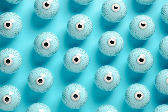 Generative AI image of numerous stylized eyeballs arranged in a repeating pattern on blue background