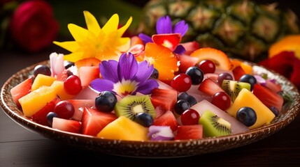 A colorful fruit salad with a variety of tropical fruits