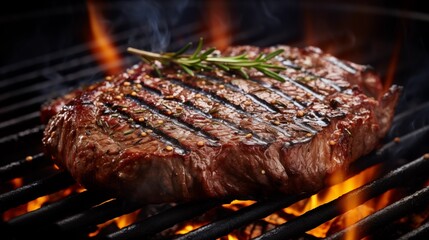 Sizzling steak on a hot grill with grill marks