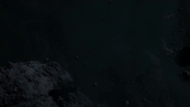 Asteroid belt field in dark outer space. 3D animation wide pan shot. Rock formations of cosmic debris and giant Meteorites. Celestial objects on starry stars background with dust nebula haze low light