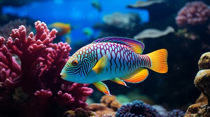 A close-up of a colorful tropical fish swimming in a coral reef - obrazy, fototapety, plakaty
