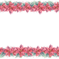 Watercolor painted seamless border, frame of red Poinsettia, Pulcherrima flowers, leaves, splashes. Plant illustration for Christmas, New Year deco card, invitation, package. Isolated white background