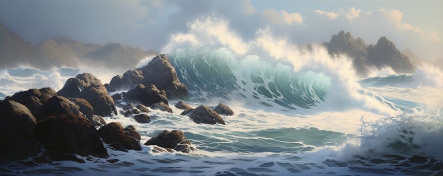 Show the fine details of waves crashing against a rocky coastal shoreline.