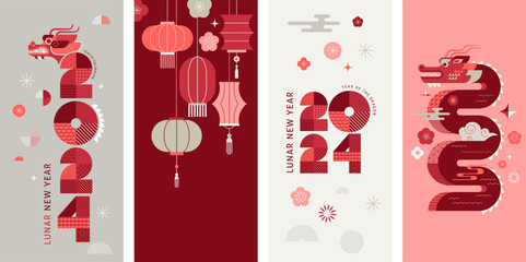 Lunar new year background, banners, story templates, Chinese New Year 2024 , Year of the Dragon. Geometric modern style - obrazy, fototapety, plakaty