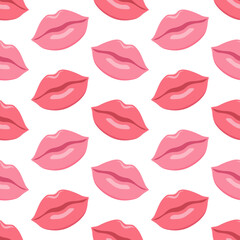 Vector seamless pattern with pink lips isolated on white background. Romantic design for Valentine's Day.