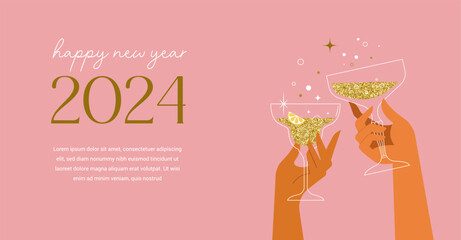 Happy New Year, poster, banner and card design with festive cocktails