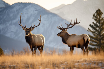 Naklejka na ściany i meble Two majestic bull elks in a golden meadow at dusk with mountains in the backdrop.