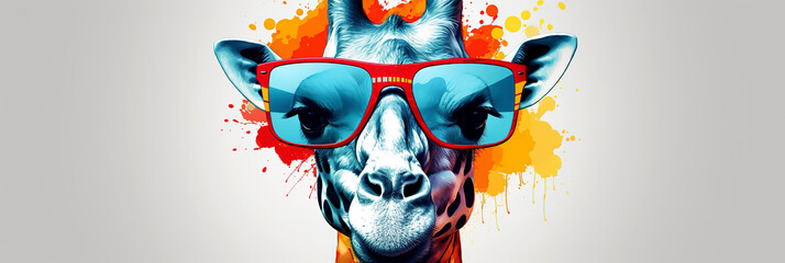 Giraffe with red sunglasses and colorful splashes on white background. Cartoon colorful giraffe with sunglasses . - obrazy, fototapety, plakaty