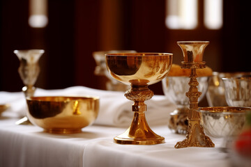 Fototapeta na wymiar A collection of ceremonial chalices and other religious items on an altar for Catholic communion. 