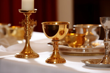 Obraz na płótnie Canvas A collection of ceremonial chalices and other religious items on an altar for Catholic communion. 
