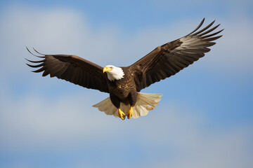 Obraz premium Majestic bald eagle in flight against a backdrop of scattered clouds and blue sky.