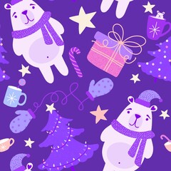 Christmas animals seamless bears and gloves and gifts box and candy and cup of tea pattern for wrapping paper