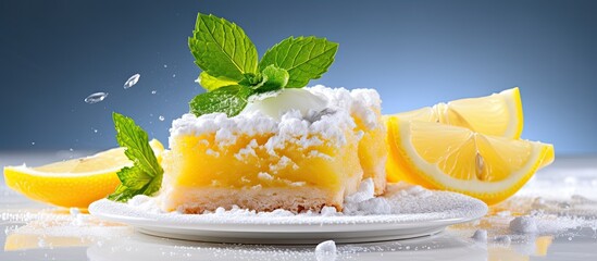 bright white kitchen, the gourmet chef is busy cooking up a healthy yellow lemon cake, perfect for a summer dessert or a light lunch eating option. The lemon bars, bursting with tangy flavor, are a