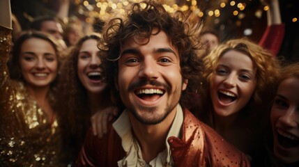 Obraz premium Corporate party New Year, enjoyment of pastime on the eve of Christmas holidays, a company party, vacation with friends, disco dancing party .