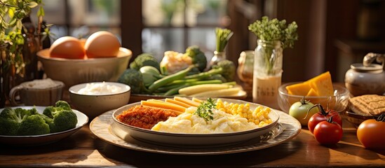 In the spacious dining area, a table was set with a nutritious breakfast spread, featuring yellow corn and cheese omelettes, creamy sauces, and a variety of healthy ingredients. Later in the day, a