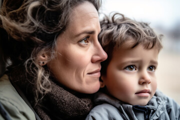 Close-up of a protective woman holding a child, both looking away thoughtfully.