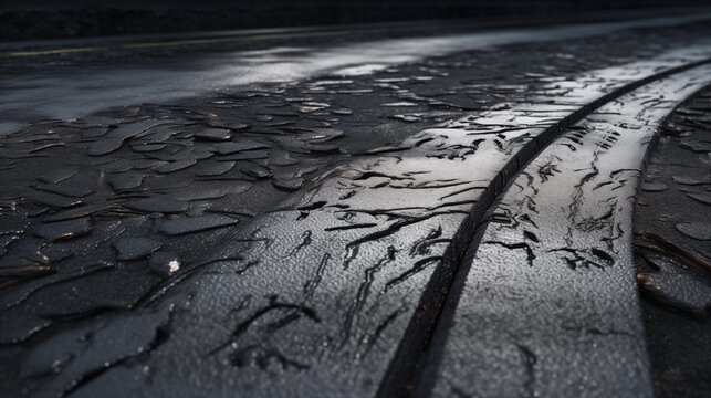 Textured asphalt road with skid marks and tire imprints