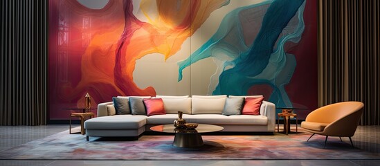 The elegant design showcased an abstract artwork with vibrant colors, creating a beautiful composition that enhanced the texture of the silk fabric and satin drapery, making it an exquisite backdrop