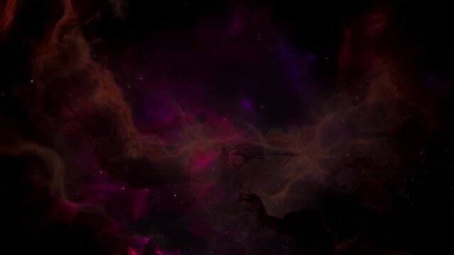 Pink galaxy nebulae and stars and flight through space. Slow Camera track towards purple orange shining nebula. artistic concept 3D animation for space exploration and science fiction.