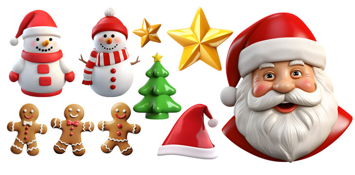 3D Render of Christmas Icons: Santa Claus, Snowman, Tree, Star, and Gingerbread Man isolated on transparent background - Generative AI