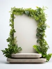 Product display podium with nature leaves on white background, empty podium, copy space, generative ai