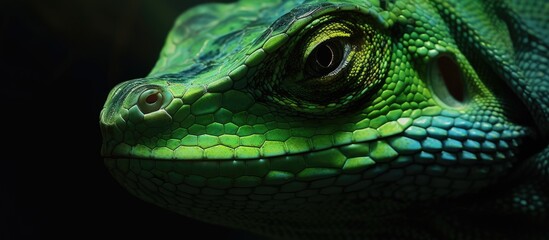 Fototapeta premium heart of the dense, green jungle, a majestic reptile emerges from its hiding spot, revealing vibrant emerald scales that gleam sunlight with a cool and enchanting glow upon its sleek skin a close-up