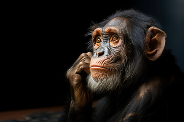 Portrait of a chimpanzee monkey sitting on a black background.