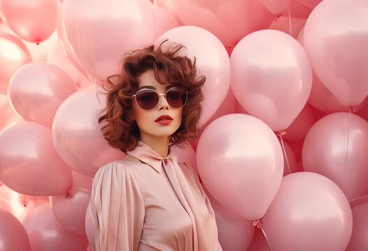 Fun creative pastel colorful concept of a young beautiful girl with ballons