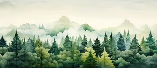Fototapeta premium In the background of the stunning abstract painting, a majestic nature scene unfolds, with a pristine forest adorned with lush green trees, beautiful plants, and natural wonders such as the tall pine