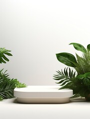 Product display podium with nature leaves on white background, empty podium, copy space, generative ai