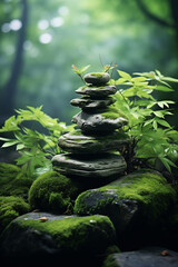 zen nature background, in the style of uhd image, charles willson peale, stone, green, george inness, botanical accuracy, innovating techniques