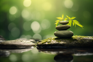 zen nature background, in the style of uhd image, charles willson peale, stone, green, george inness, botanical accuracy, innovating techniques - obrazy, fototapety, plakaty