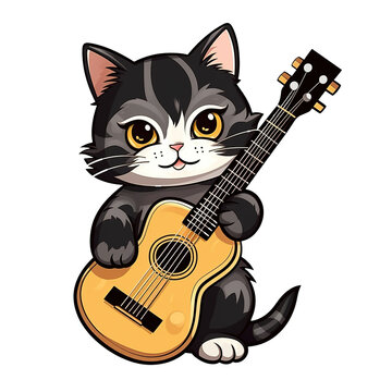 Cat holding guitar isolated illustration Generative AI