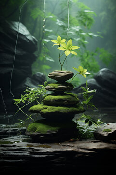 zen nature background, in the style of uhd image, charles willson peale, stone, green, george inness, botanical accuracy, innovating techniques