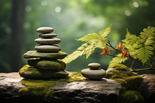 zen nature background, in the style of uhd image, charles willson peale, stone, green, george inness, botanical accuracy, innovating techniques