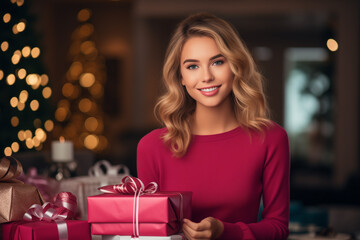 Fototapeta na wymiar Pretty young blond woman in magenta sweater with Christmas gifts against the background of the New Years tree. Christmas, x-mas, winter, happiness concept