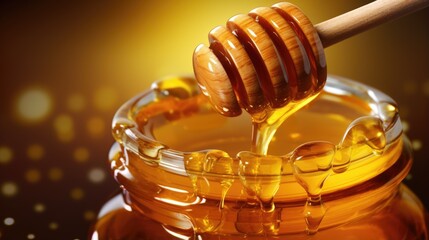Close up of a jar of honey with a honey dipper. Healthy food concept background - obrazy, fototapety, plakaty