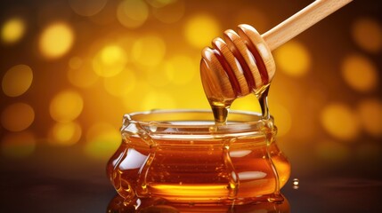 Close up of a jar of honey with a honey dipper. Healthy food concept background - Powered by Adobe
