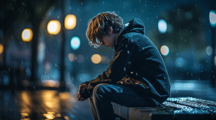 sad teenager looking down sitting on a lonely bench at night in a square
 - obrazy, fototapety, plakaty