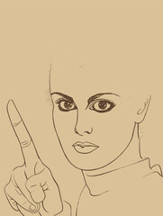 A Drawing Of A Woman Pointing Up - portrait of an 60s advertising girl pointing finger