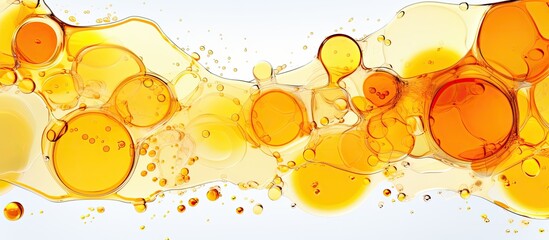 background, an abstract design featuring a white circle bursts with vibrant orange hues, as drizzles of honey and oil add a healthy touch to the natural, organic dessert, rich in yellow, nutrition
