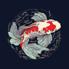 Hand drawn koi fish Asian Traditions of Japanese and Chinese koi carp oriental line art concept vector illustration. animal icon design style isolated premium vector.