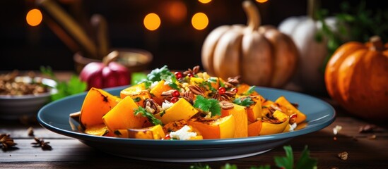 On the autumn table filled with decorative pumpkins, a colorful dish made of healthy yellow...