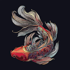 Hand drawn koi fish Asian Traditions of Japanese and Chinese koi carp oriental line art concept vector illustration. animal icon design style isolated premium vector.