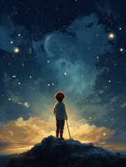 Illustration of a little boy standing on top of a mountain and looking up at the starry sky.