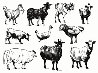 A Group Of Animals In Black And White - Set of vector drawings of farm animals.