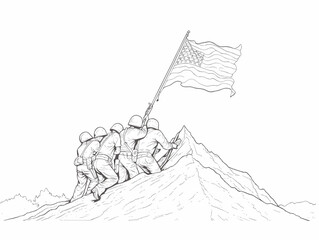 A Line Drawing Of Soldiers Holding A Flag On A Mountain - Statue memorial from the picture of the Marine Corps