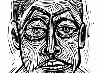 A Black And White Drawing Of A Man_S Face - strong facial expression.